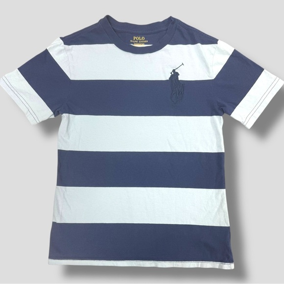 Polo Ralph Lauren Boys Bug Pong Rugby Lines Striped Shirt Light Blue Navy Small - Picture 2 of 4